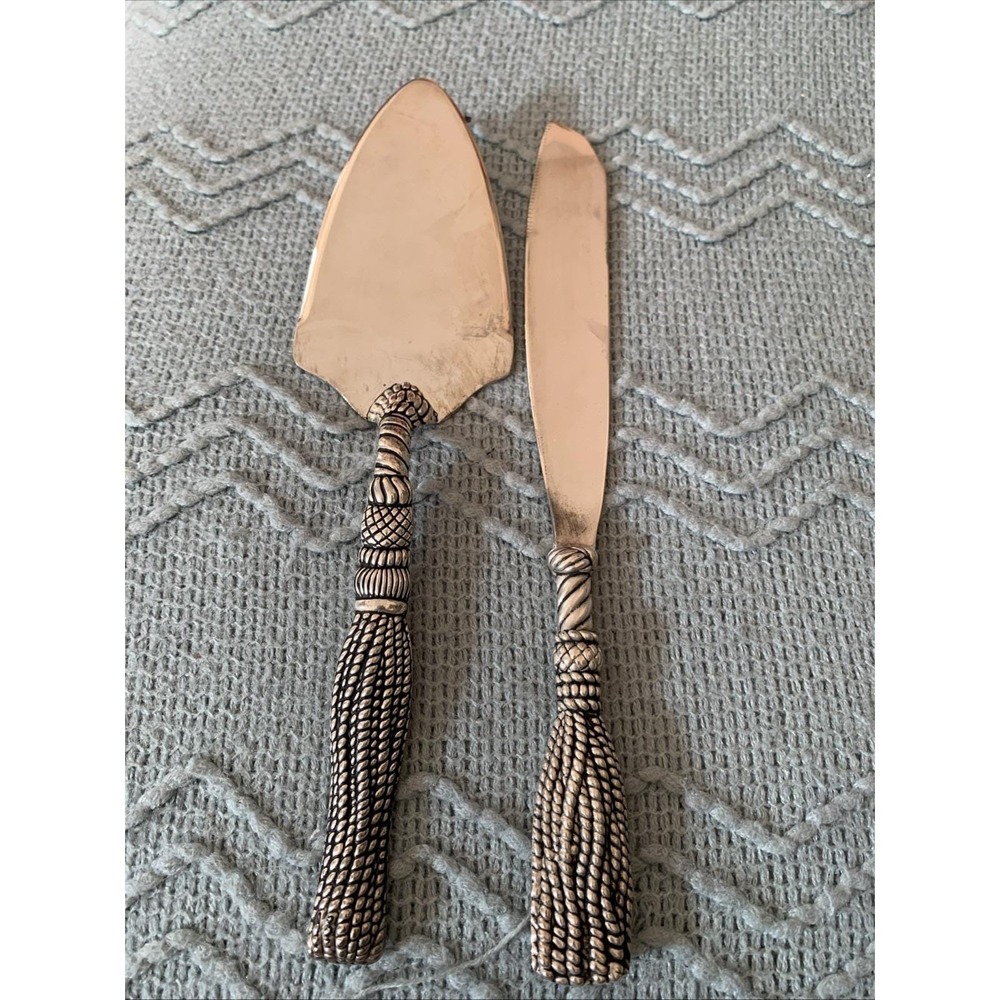 Vintage Silea Silver Plate Cake Knife and Server - Tassel Pattern Intricate 1960
